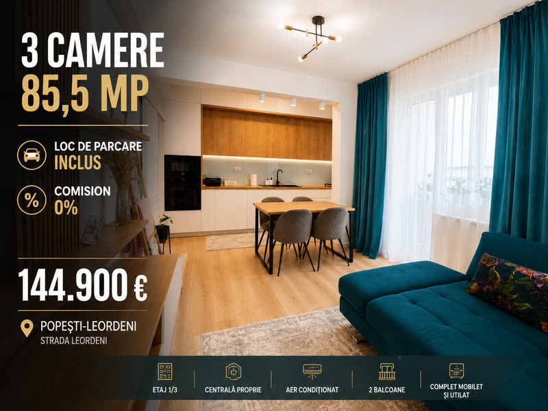 Popesti Leordeni 3 camere mobilat utilat